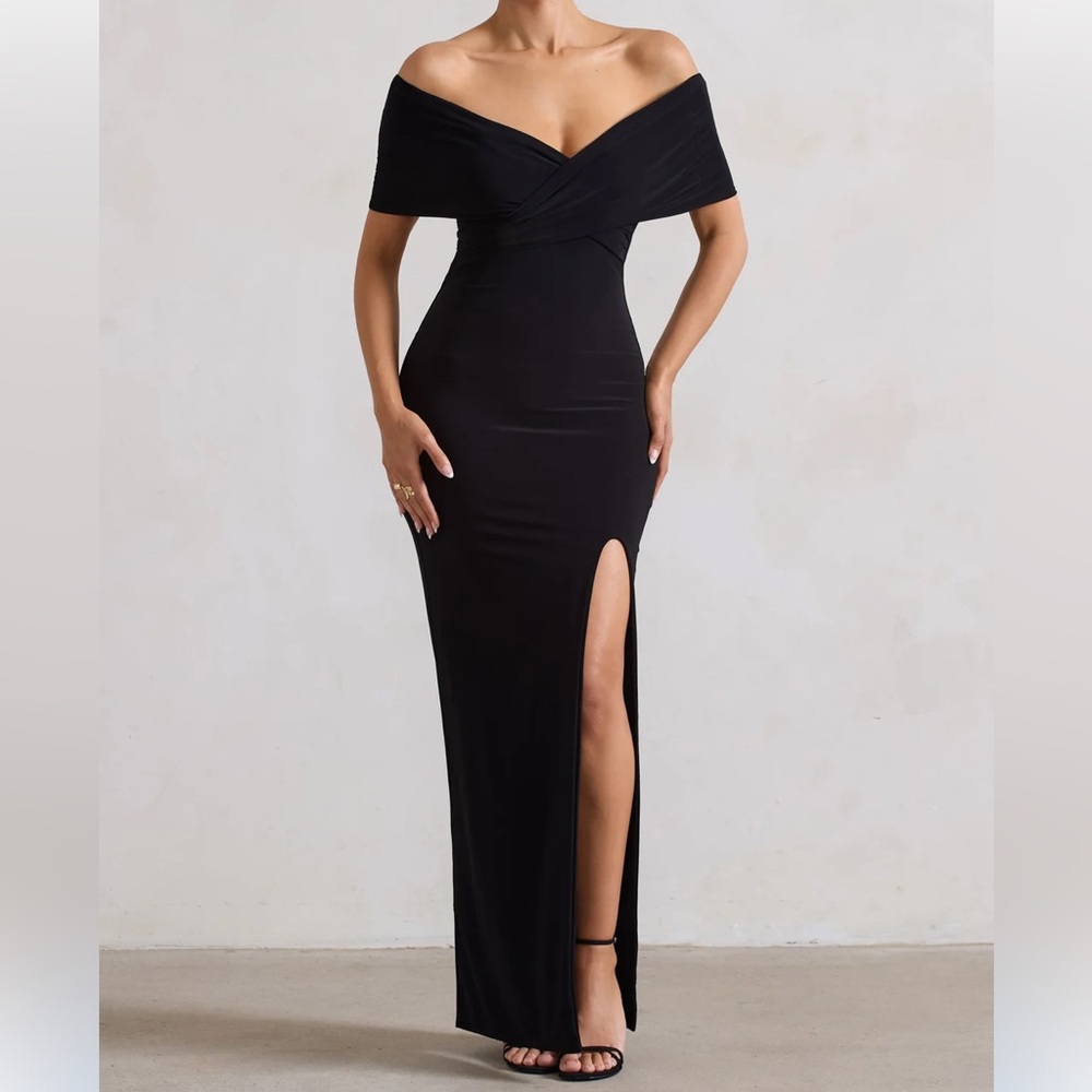BLACK TWIST FRONT BARDOT MAXI DRESS